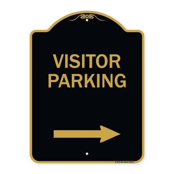 Reserved Parking Visitor Parking Arrow Pointing Right, Black & Gold Alum, 18" x 24", BG-1824-23023